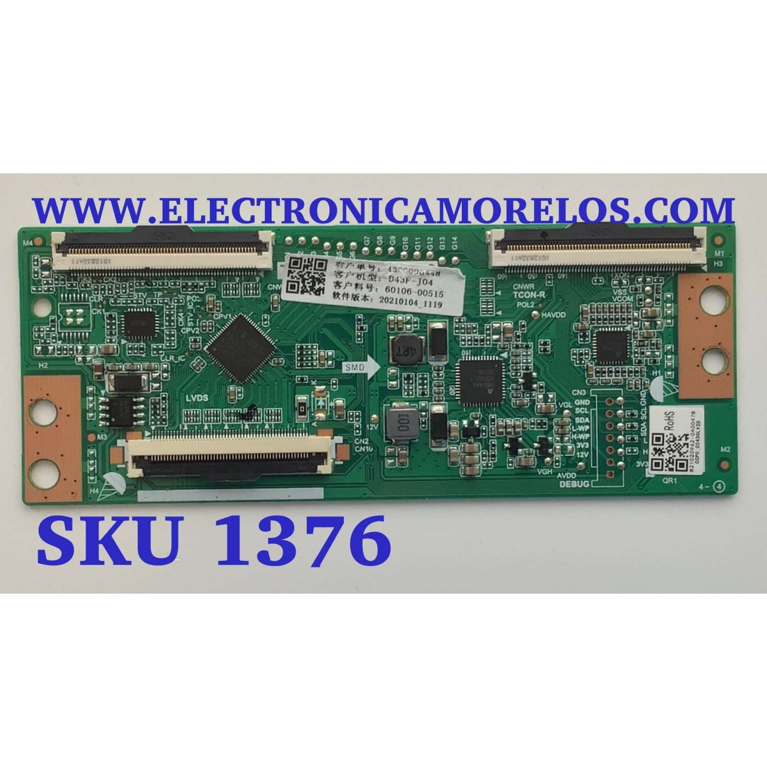 T-CON PARA TV VIZIO / NUMERO DE PARTE 60106-00515 / TC.P430FHDLV1D.3 / 4300096448 / 20210104_1119 / B21020962-0A00478  / PANEL BOEI430WU1 / DISPLAY CC430LV2D / MODELO D43F-J04 LBVTC9